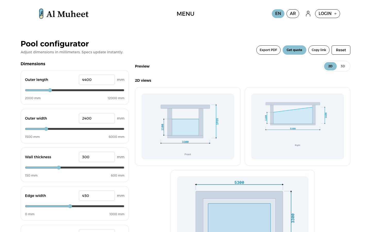 Interactive pool configurator โ clients customize dimensions, finishes, and features to estimate project cost.