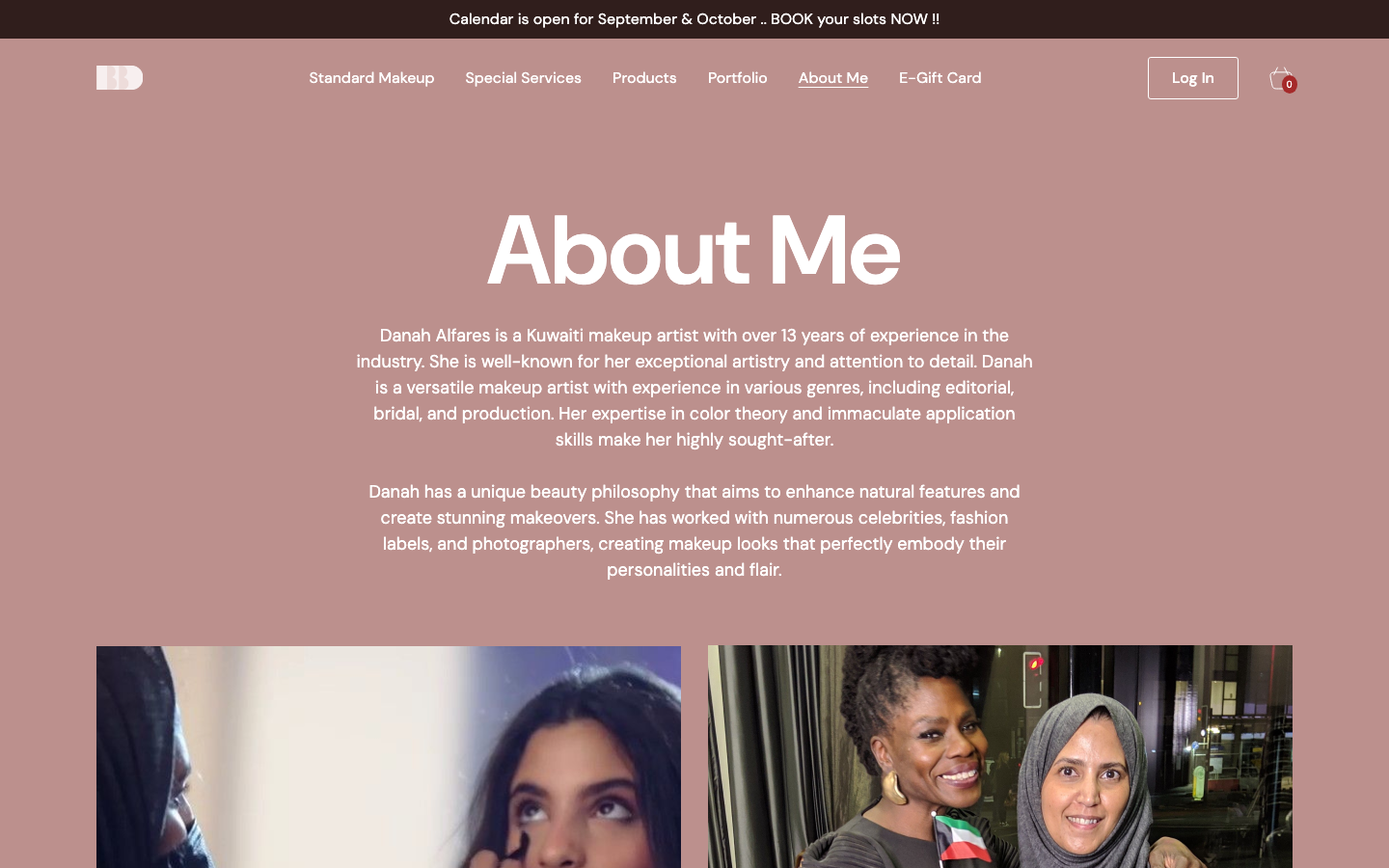 About page — Danah's story, 11+ years of experience, and the studio's approach to bridal and editorial makeup.