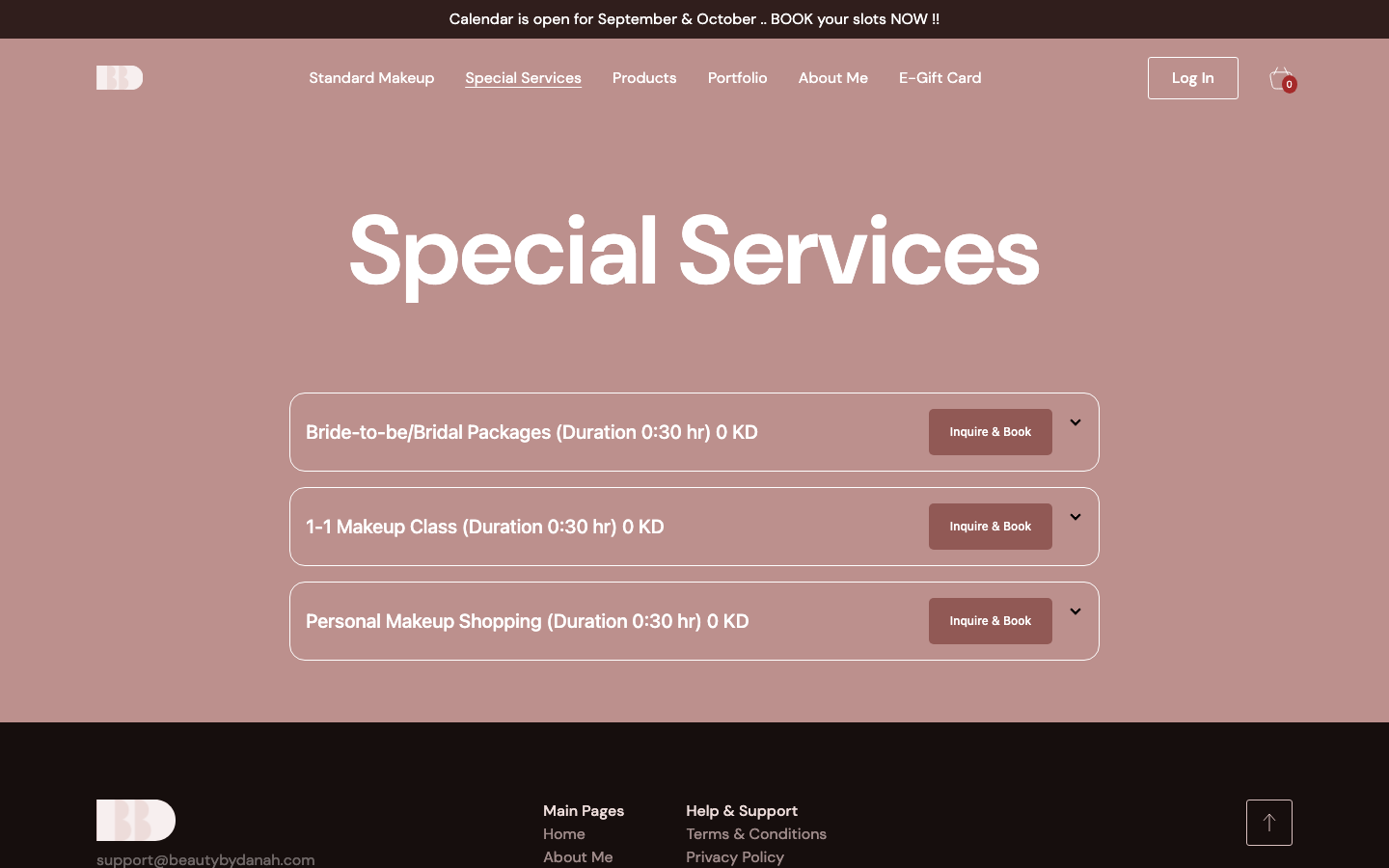 Services — standard makeup, special services, and hairstyling packages with clear pricing.