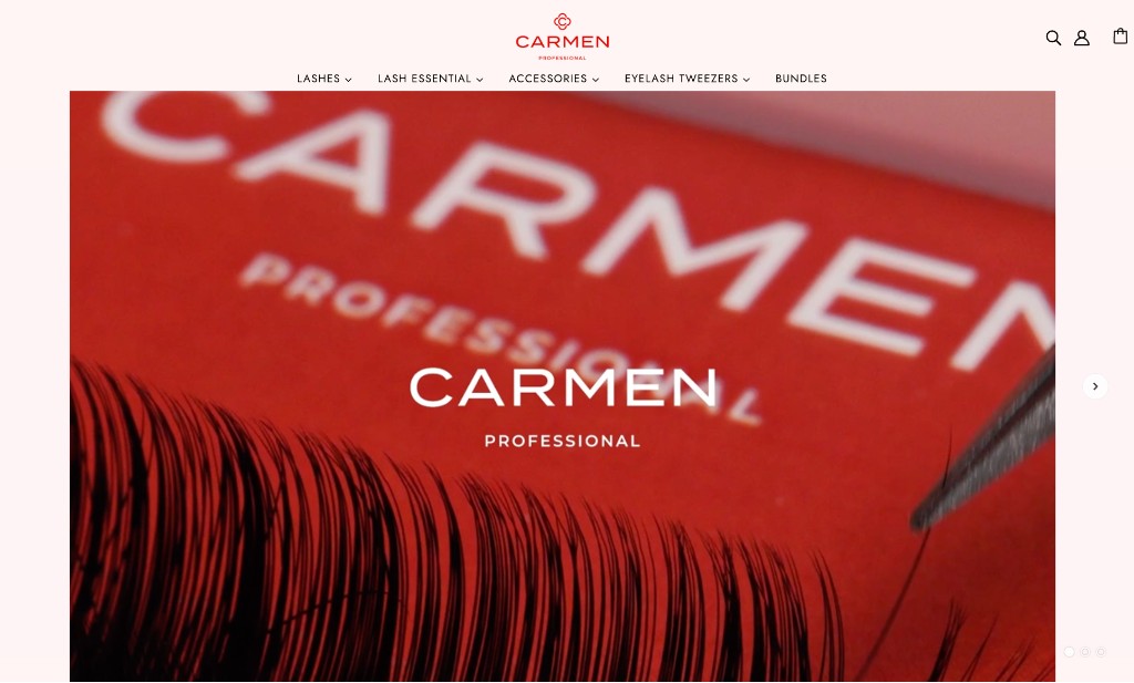الصفحة الرئيسية — واجهة Carmen Professional مع مجموعات الرموش وتصفح المتجر.