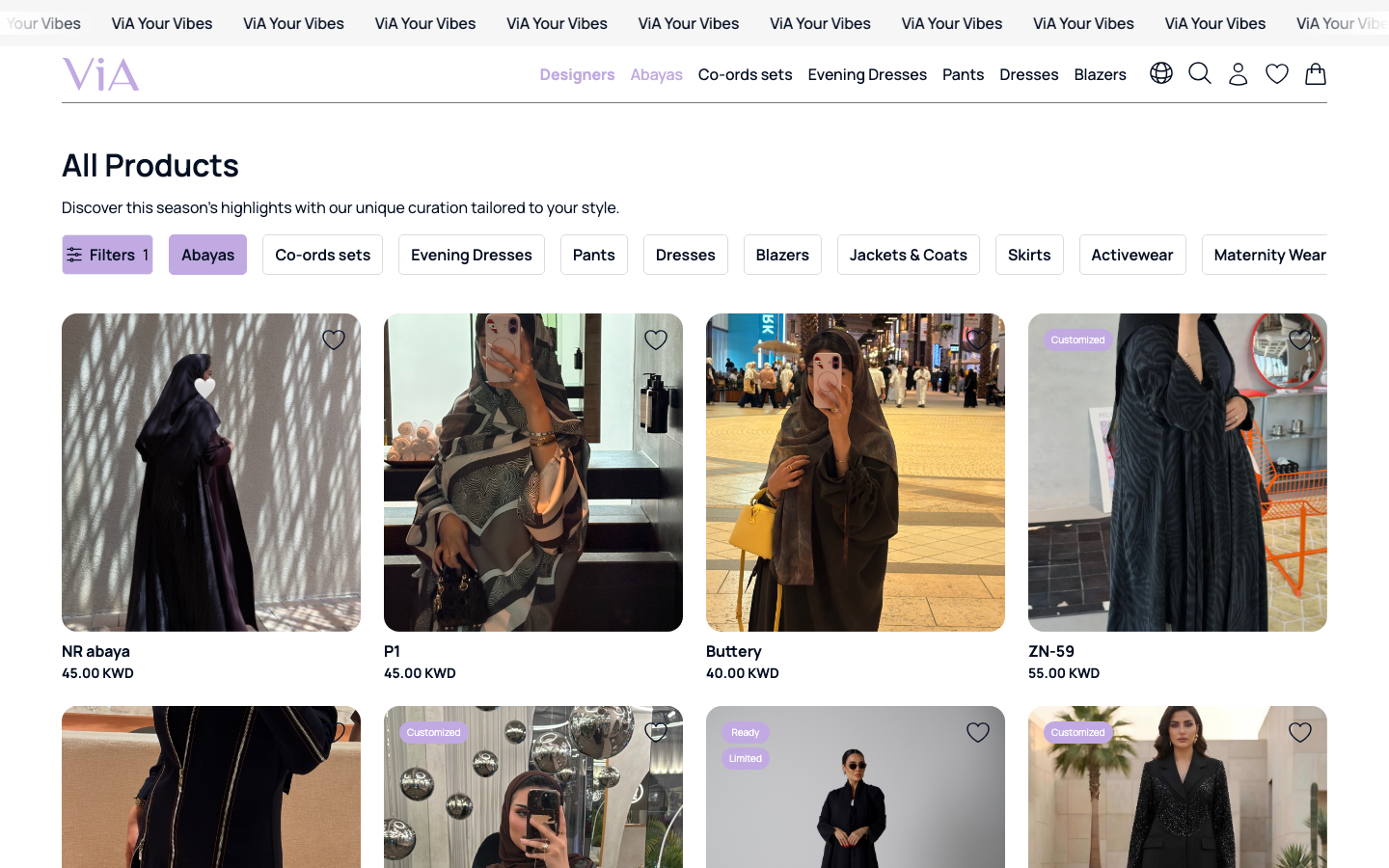 Product listing โ category views with model photography and wishlist support.